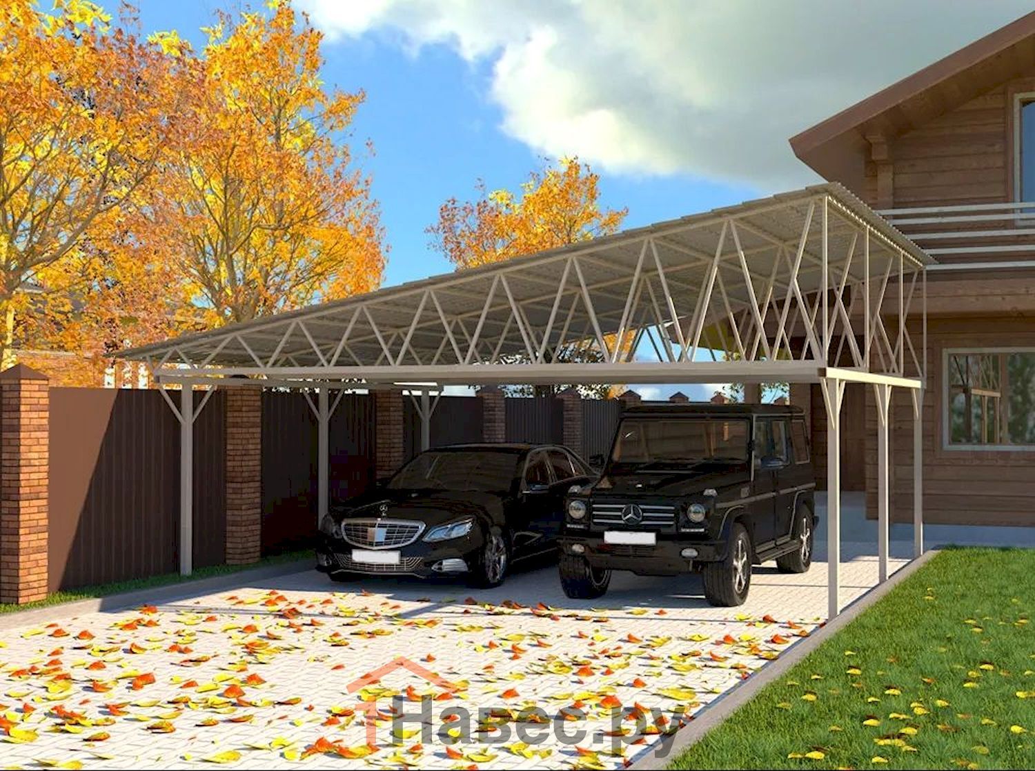 Односкатный навес для авто из металлочерепицы на 2 автомобиля